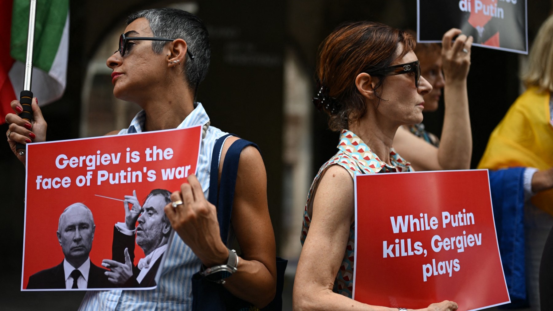 Demonstrators in Milan on July 19, 2025, protesting against the announced performance of Russian conductor Valery Gergiev on July 27, at an event at the Royal Palace of Caserta.