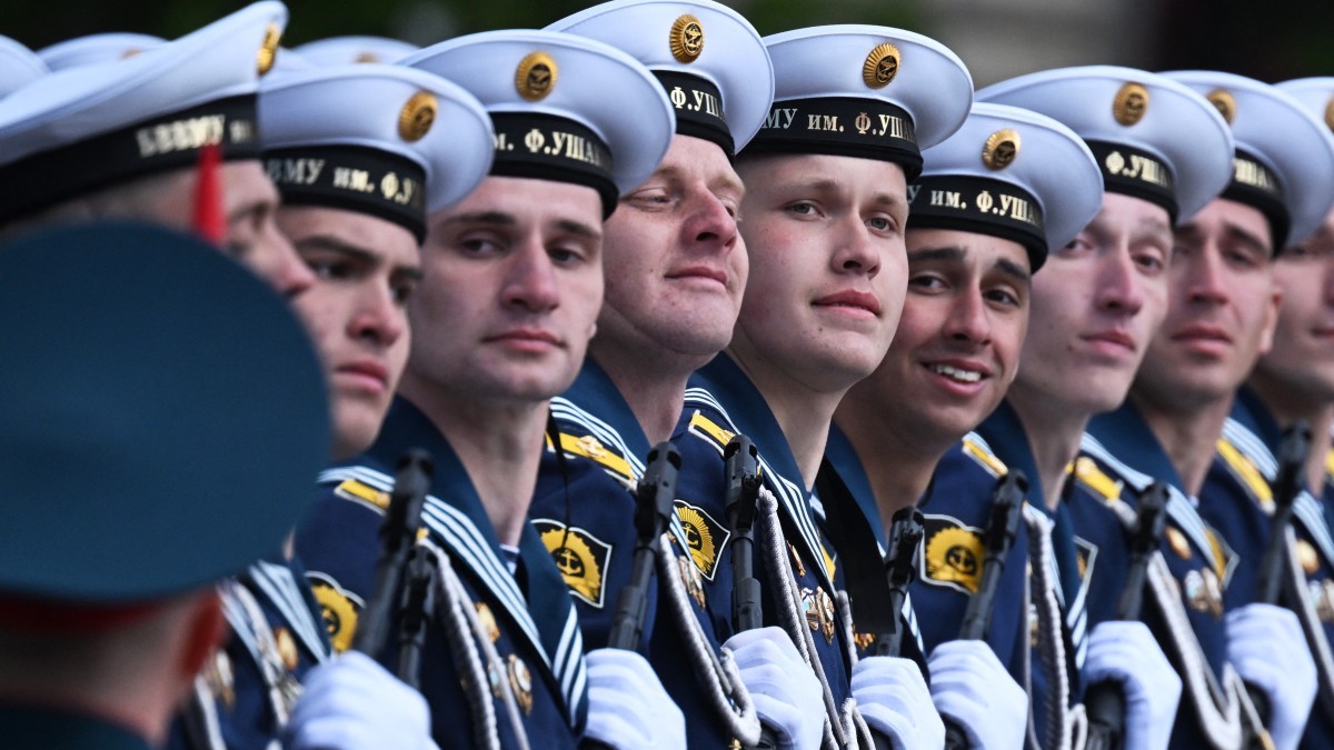 Russian servicemen march on Red Square during the Victory Day military parade in central Moscow on May 9, 2025.