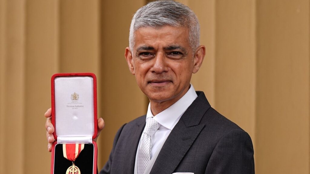 Mayor of London Sadiq Khan poses with his medal after being knighted by King Charles on June 10, 2025.