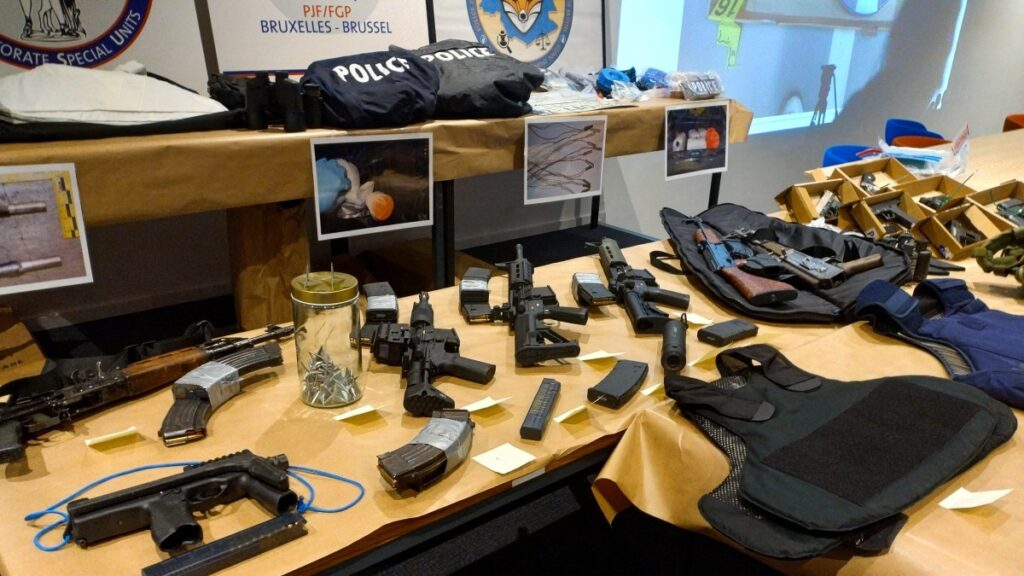 Seized weapons seen during a press conference by the Belgian and French public prosecutors at the Belgian federal police headquarters in Brussels on February 28, 2025