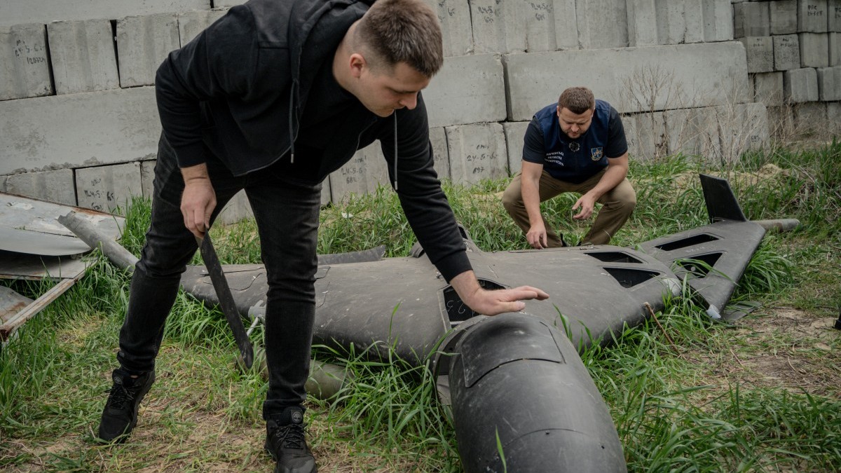 A Russian Shahed drone shot down by Ukraine's air defense forces, in a field used for the storage of Russian missiles in Kharkiv, on April 30, 2025.