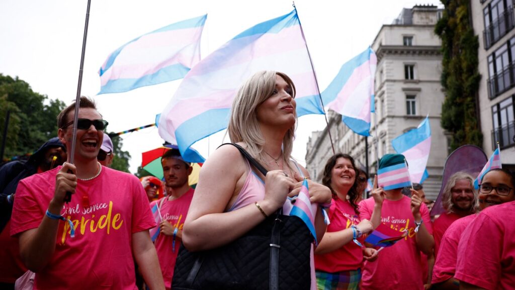 people in pink shirts waving transgender flags with a possible transgender person with blond wig in front