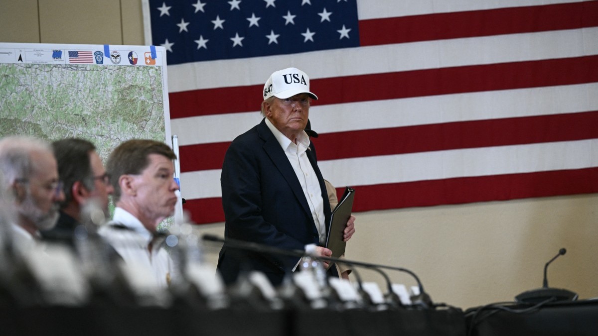 U.S. President Donald Trump arrives to attend a meeting with local officials and first responders in Kerrville, Texas, on July 11, 2025, following devastating flooding that ocurred in the area over the July 4 weekend.