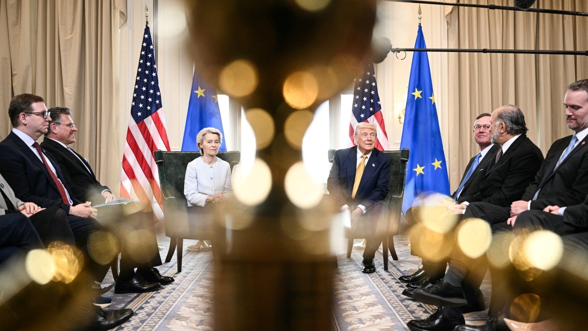 U.S. President Donald Trump (R) and European Commission President Ursula von der Leyen (L) speak to the press after agreeing on a trade deal between the two economies following their meeting, in Turnberry, Scotland on July 27, 2025.