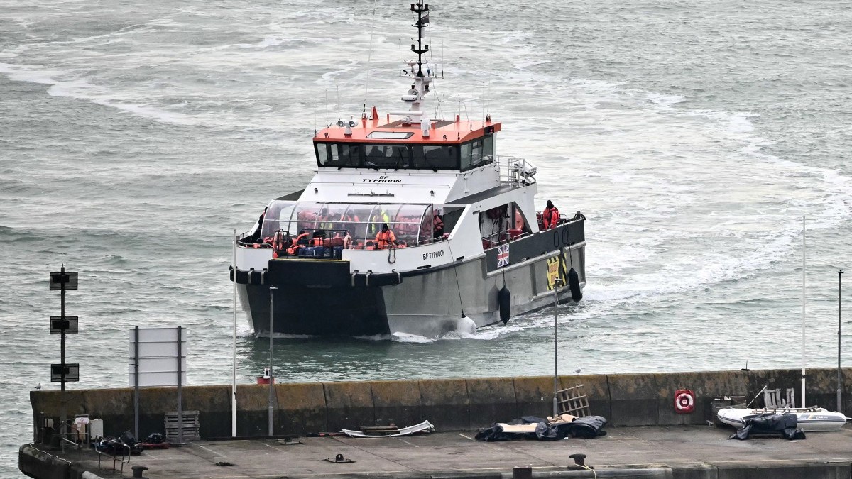 UK Border Force vessel Typhoon, carrying migrants picked up at sea attempting to cross the English Channel from France, arrives in Dover on January 13, 2025.