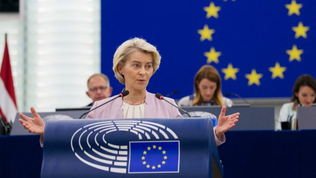 European Commission President Ursula von der Leyen gives a speech during a plenary session at the European Parliament in Strasbourg on July 9, 2025.