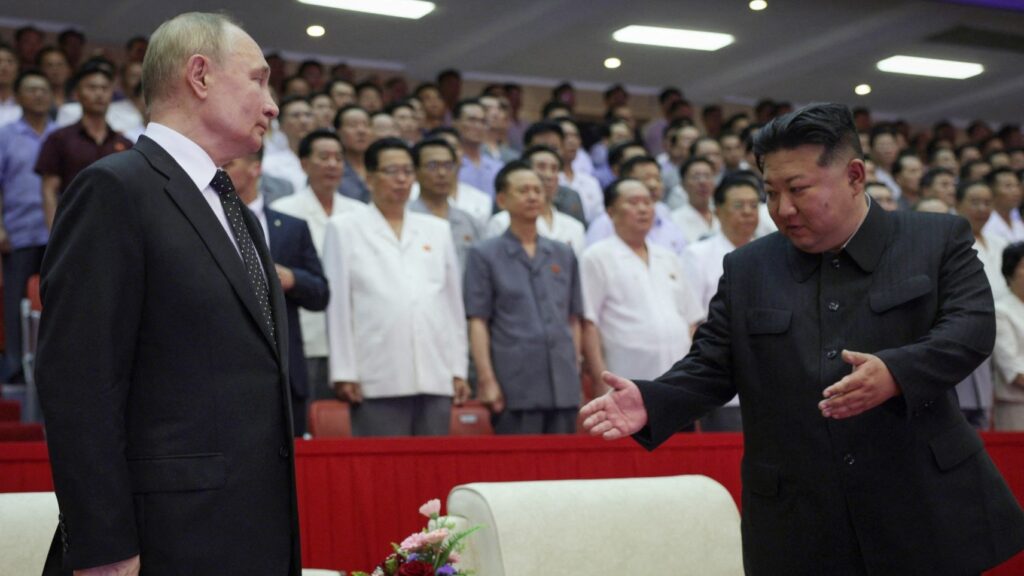 Russian President Vladimir Putin (L) and North Korea's leader Kim Jong Un attend a Gala concert in Pyongyang, on June 19, 2024.