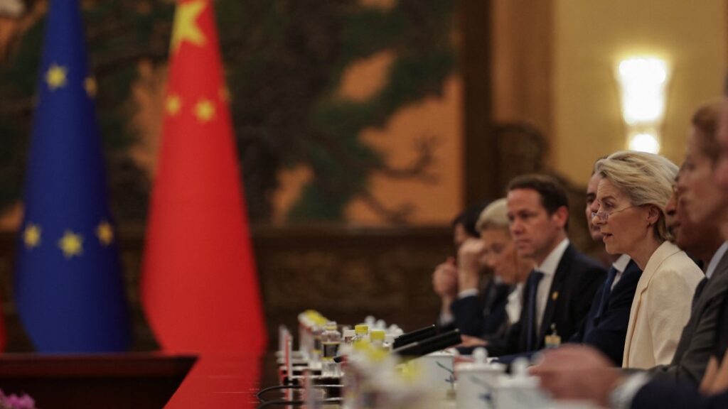 President of the European Commission Ursula von der Leyen (R) speaks with Chinese President Xi Jinping (not pictured) during the opening remarks of the EU-China Summit at the Great Hall of the People in Beijing on July 24, 2025.