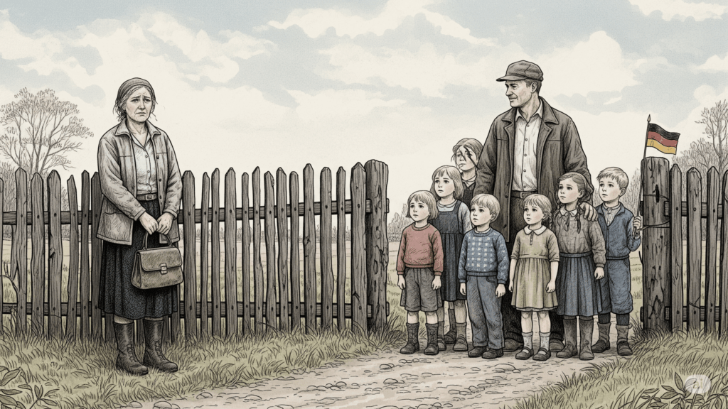 Man with seven kids inside a fence next to a German flag, woman looking sad standing outside fence
