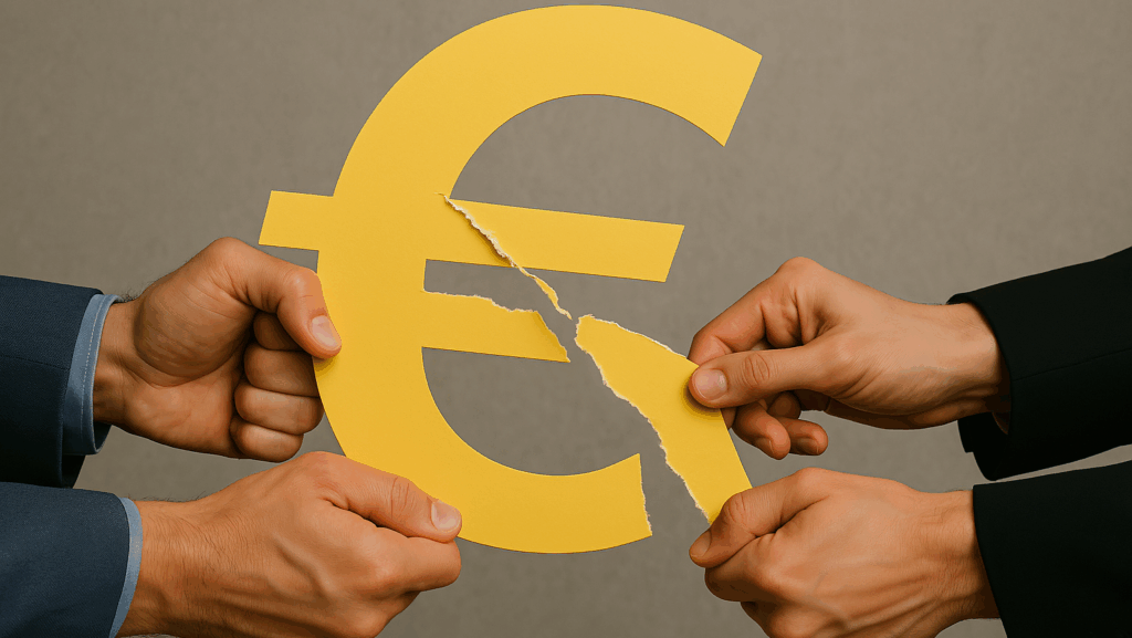 two sets of hands in suits pulling a euro sign apart so it's ripping