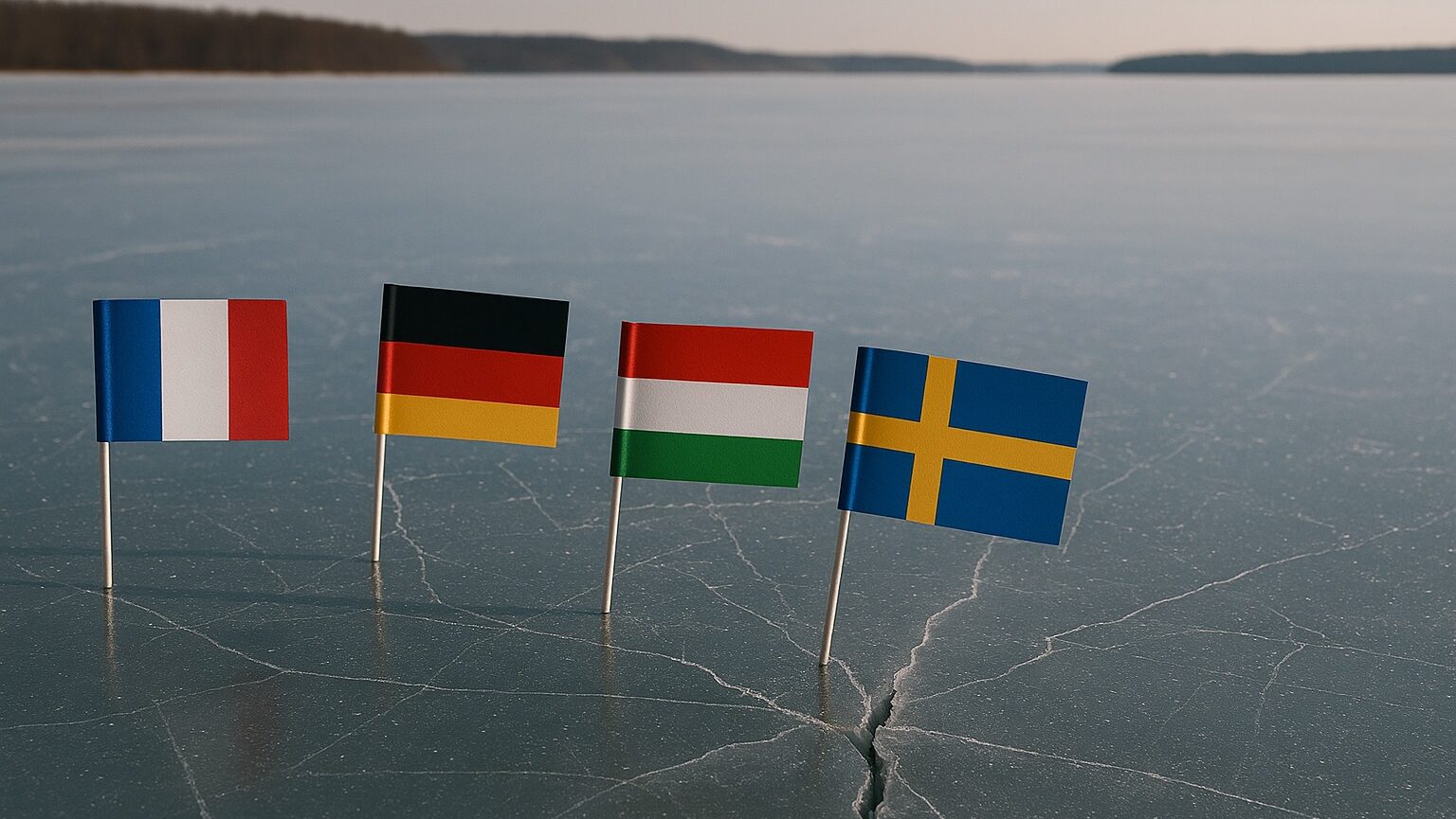 Flags of France, Germany, Hungary and Sweden on an iced-over lake with cracks in the ice