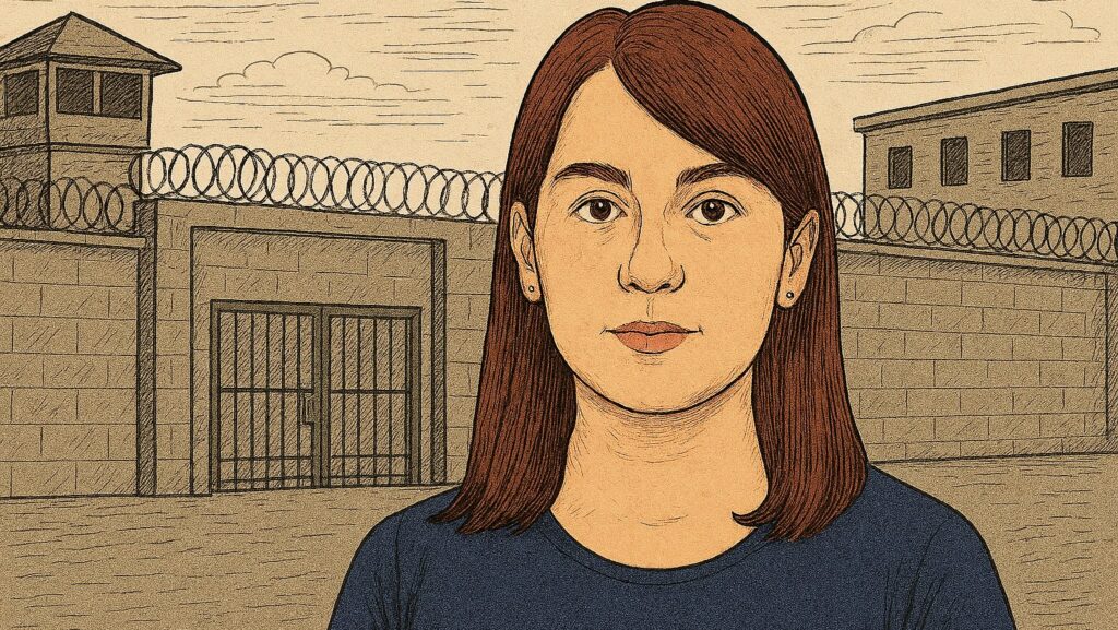 drawing of woman standing in front of prison