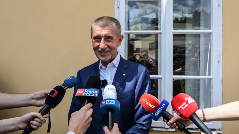 Former Czech Prime Minister and Chairman of the ANO movement Andrej Babiš talks to the media in Pruhonice near Prague, on 7 June, 2024, during the elections to European Parliament.