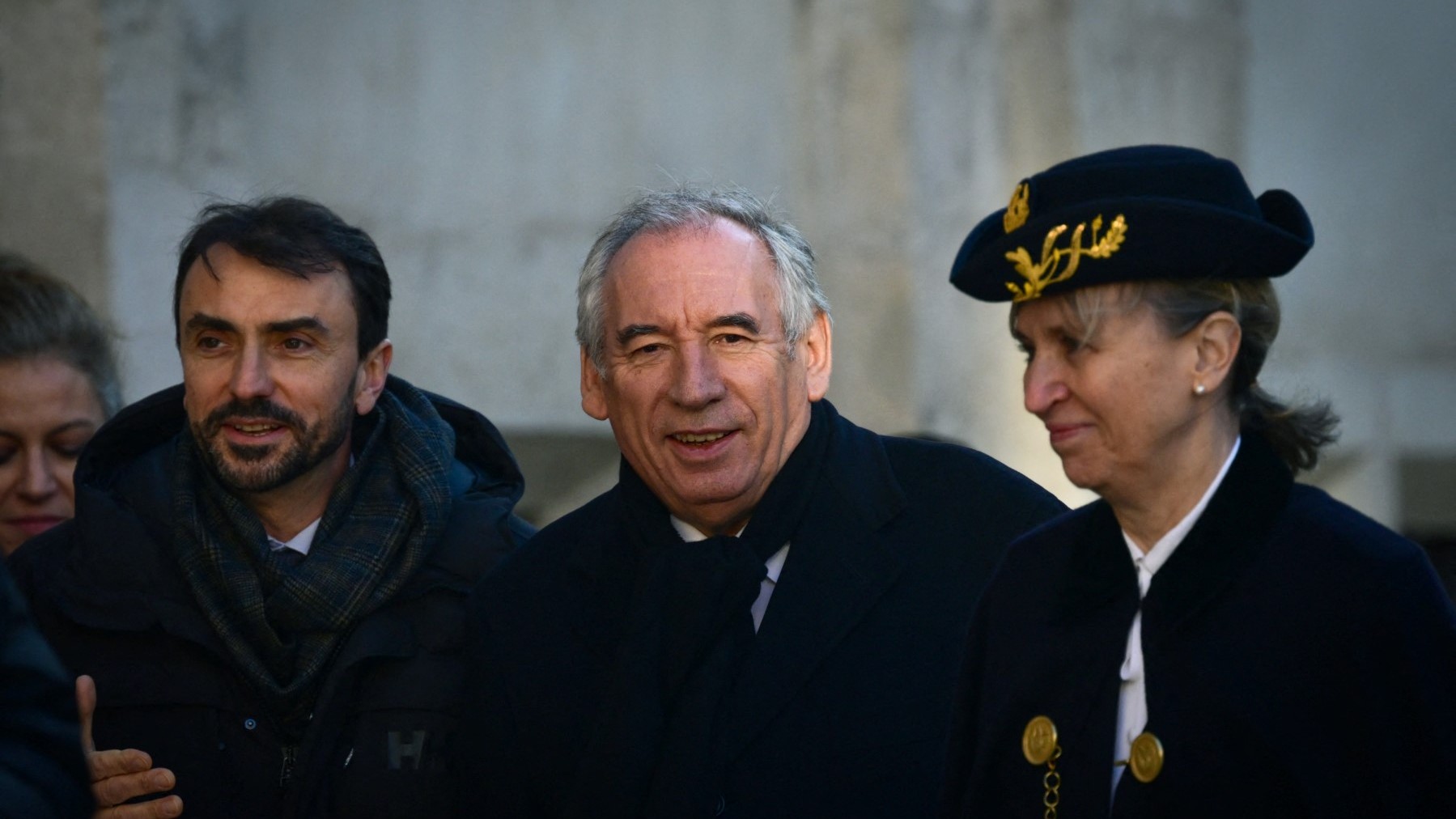 Rhône Prefect Fabienne Buccio (R) with French Prime Minister François Bayrou (C) and Mayor of Lyon Gregory Doucet (L) at the Saint-Jean Cathedral, in Lyon, on January 11, 2025.