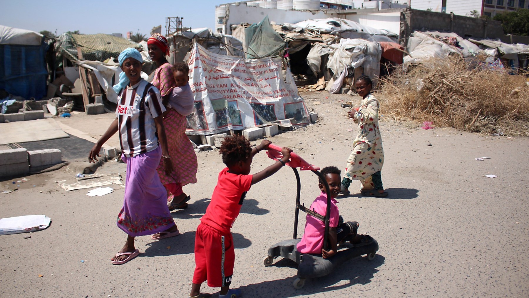 Ethiopian refugees are pictured at a camp for migrants of African origin in the Khor Maksar district of Yemen’s second city of Aden on March 3, 2022.