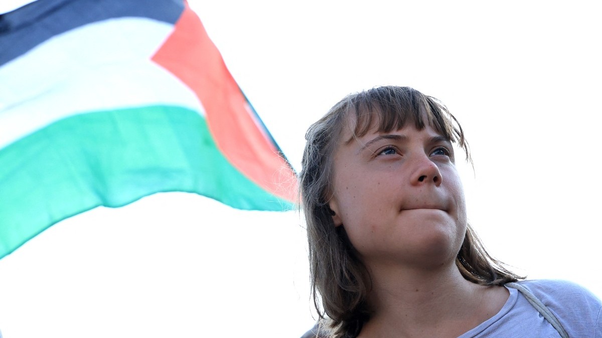 Greta Thunberg at a demonstration in support of the population of Gaza called by various Albanian social organizations at Skanderbeg square in Tirana on July 23, 2025.