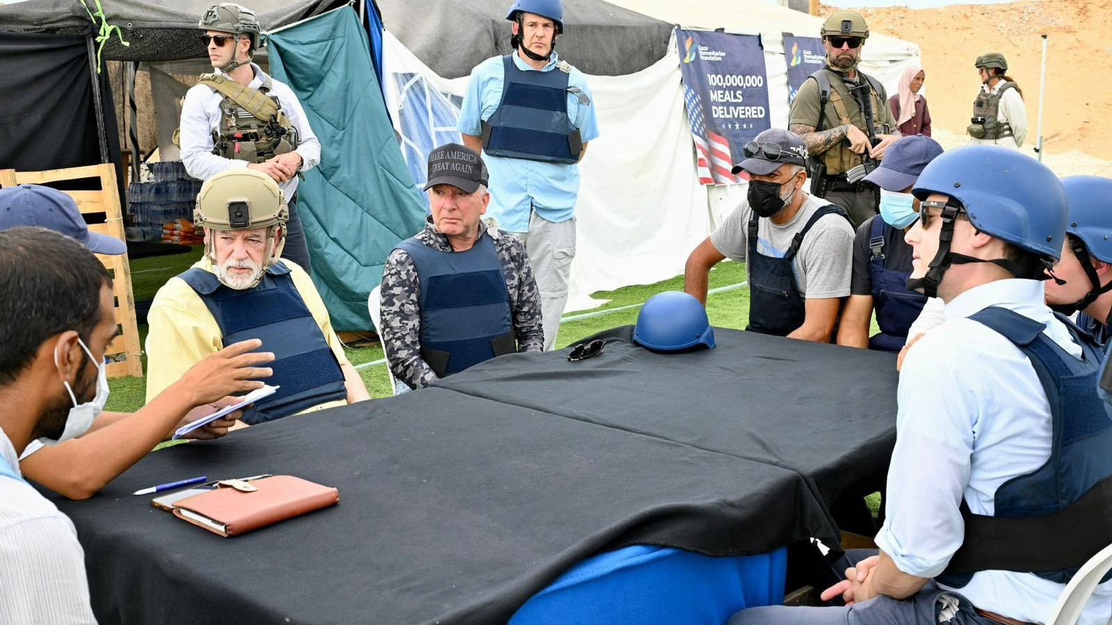U.S. Ambassador to Israel Mike Huckabee and Special Envoy Steve Witkoff briefed by local staff about aid operations in Southern Gaza on Aug 1, 2025