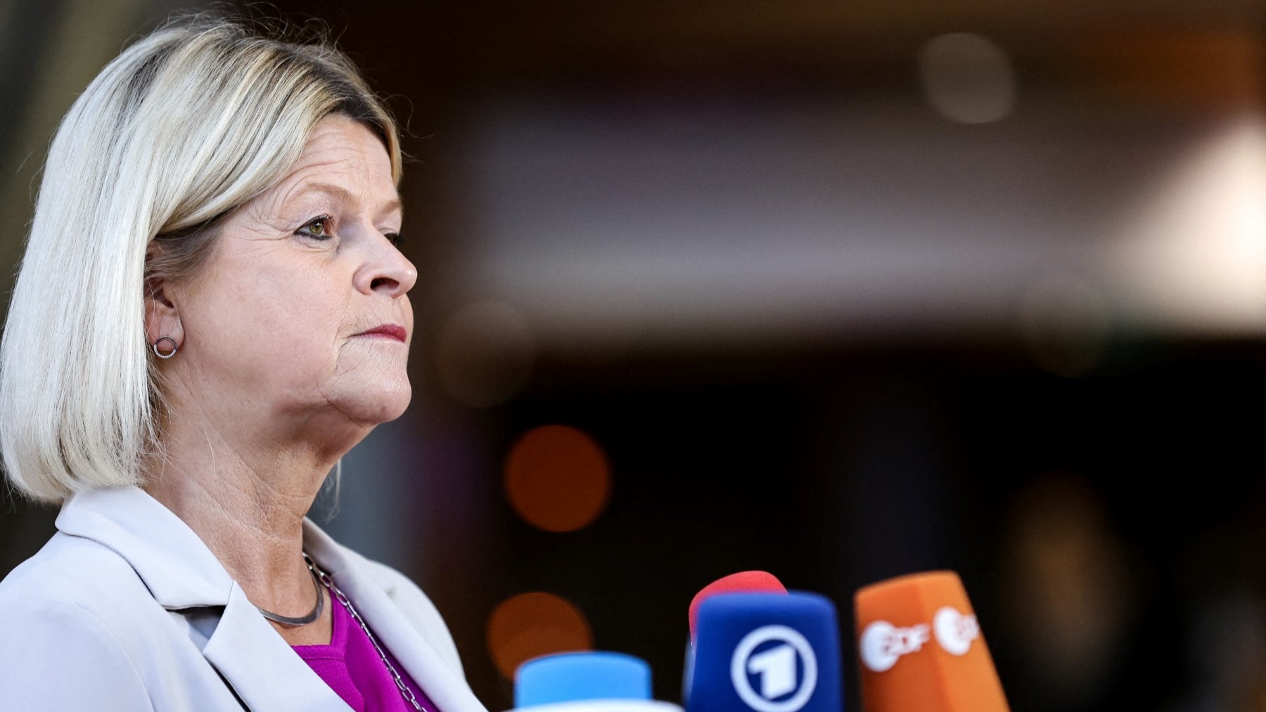 Austrian Defense Minister Klaudia Tanner talks to the press before a Foreign Affairs Council (FAC) meeting at the European Union (EU) headquarters in Brussels on March 21, 2022.