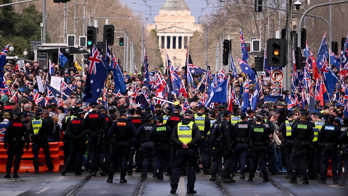 Protesters gather during a ‘March for Australia’ anti-immigration rally in Melbourne on August 31, 2025.