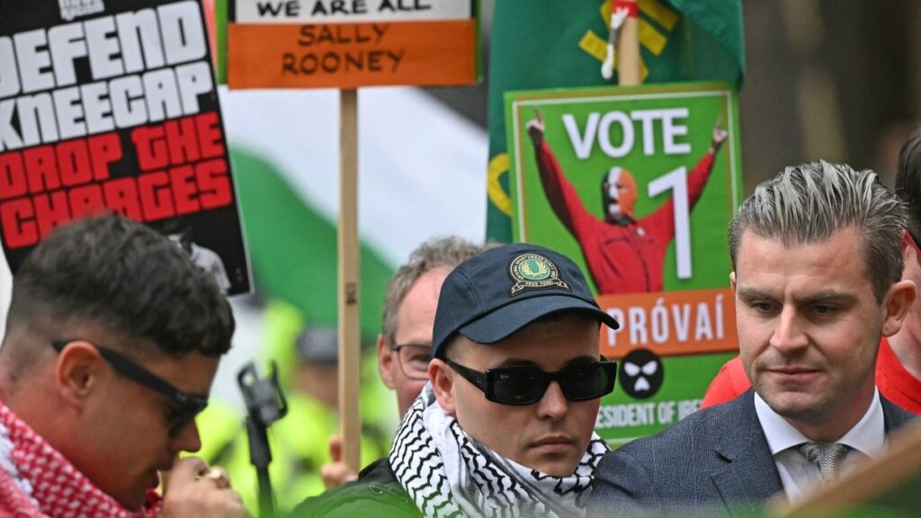 Irish rap group Kneecap band member, Liam O’Hanna, who performs under the stage name Mo Chara, looks on outside Westminster Magistrates’ Courts in London on August 20, 2025.