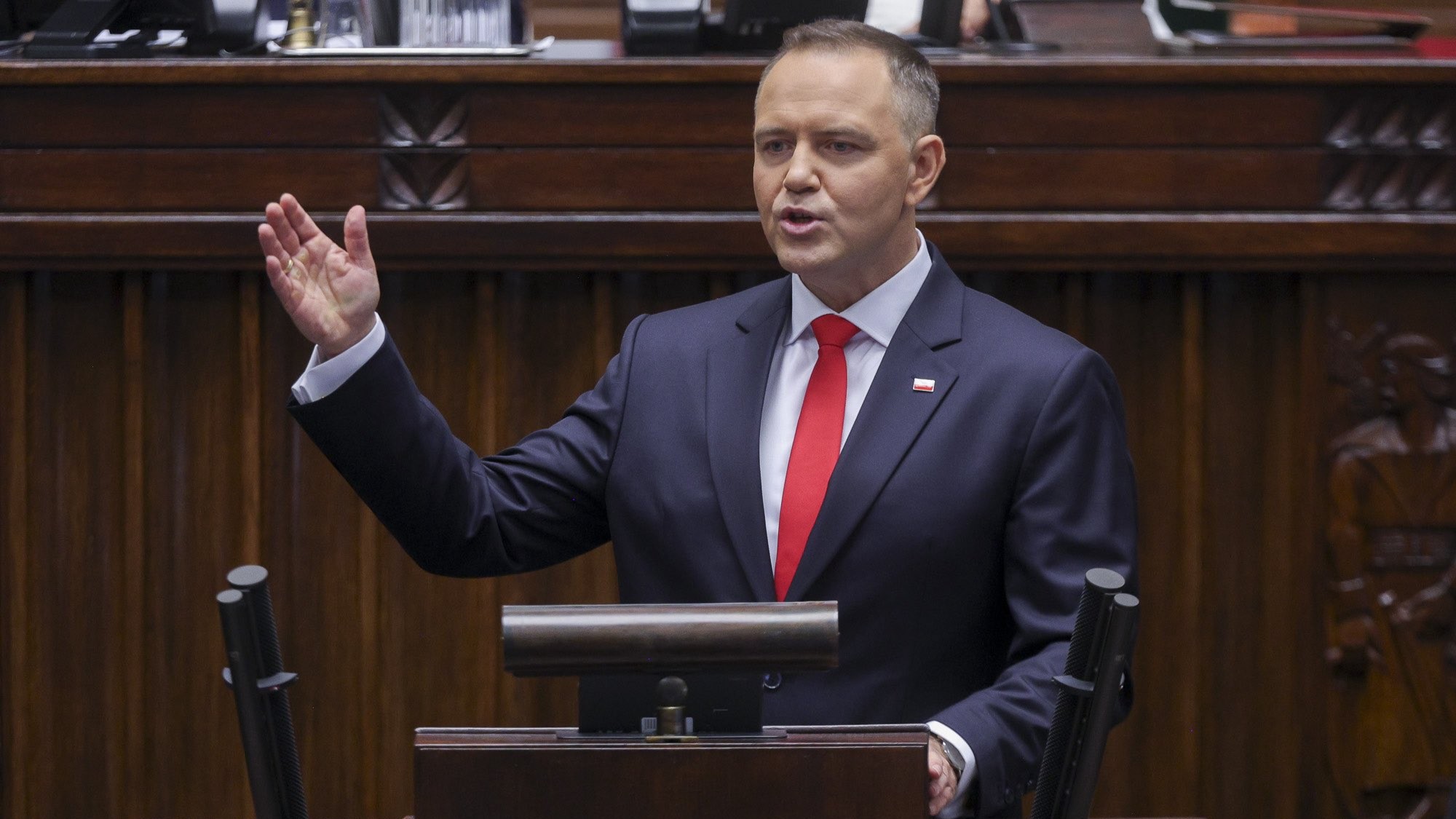 Polish President Karol Nawrocki gives his first speech to the Sejm after his inauguration.