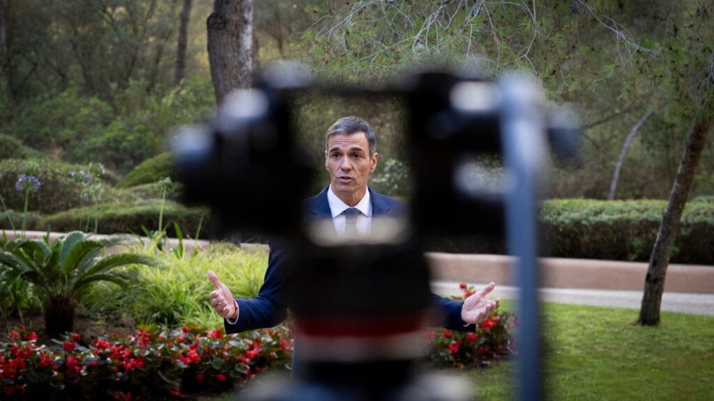 Spain's Prime Minister Pedro Sánchez addresses journalists after a meeting with King Felipe VI of Spain at the Marivent Palace in Palma de Mallorca on July 29, 2025.