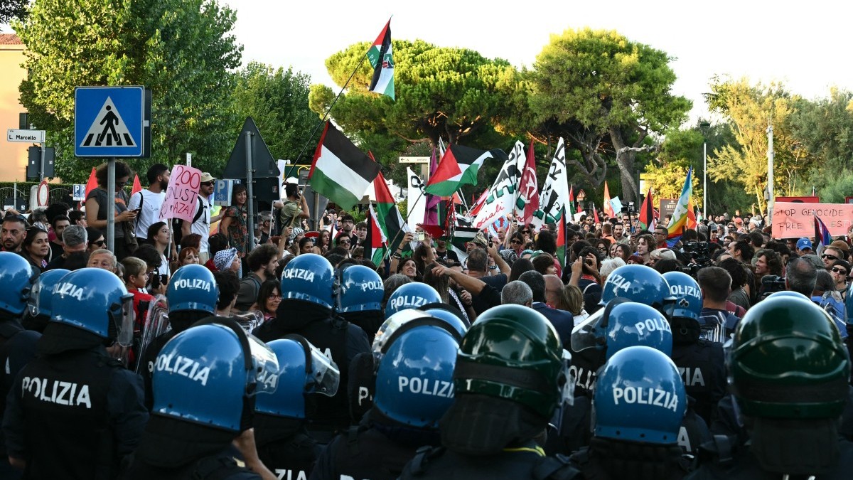 Italian riot police face protesters at the Venice4Palestine march on August 30, 2025 in Venice.