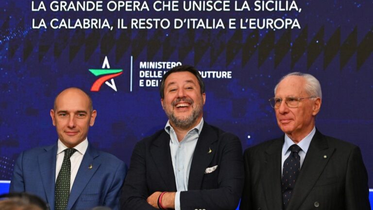 Italy's Infrastructure Minister and Deputy Prime Minister Matteo Salvini (C), poses next to Undersecretary of State Alessandro Morelli (L) and Italian businessman Pietro Ciucci, CEO of Stretto di Messina, pose for a picture at the end of press conference announcing the approval of the state-funded bridge over the Strait of Messina in Rome on August 6, 2025.