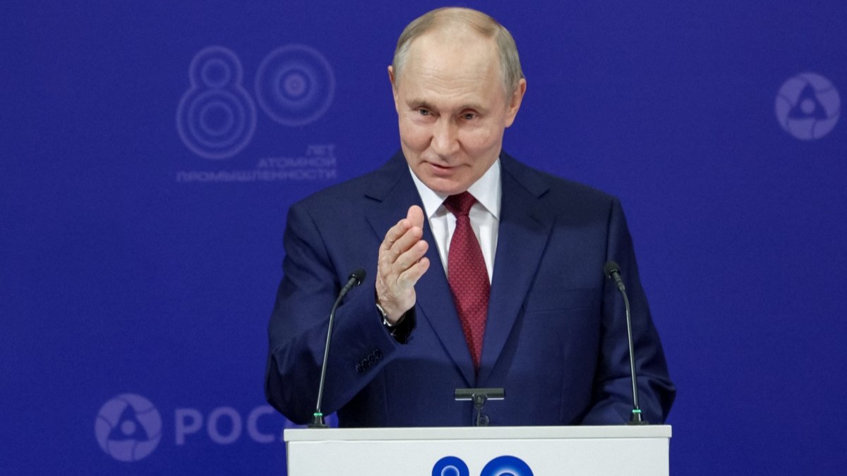 Vladimir Putin delivers a speech during a meeting with specialists of the nuclear industry at the All-Russian Scientific Research Institute of Experimental Physics (VNIIEF), in Sarov, on August 22, 2025.