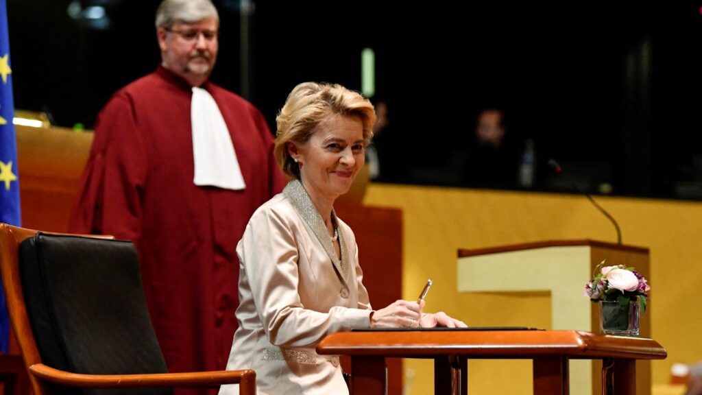 European Commission President Ursula von der Leyen takes the oath of office, on January 13, 2020, at the Court of Justice of the European Union in Luxembourg.