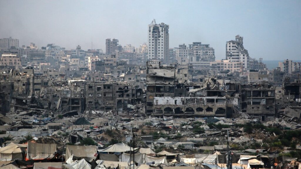 War-damaged buildings in Gaza City on August 8, 2025