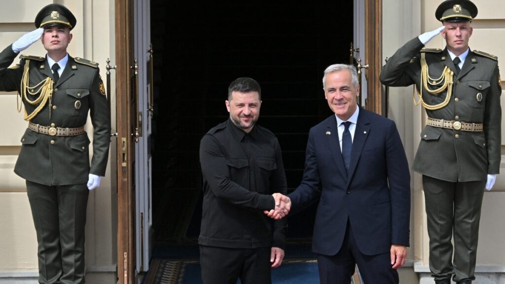 Ukrainian President Volodymyr Zelensky (L) shakes hands Prime Minister of Canada Mark Carney during their meeting prior to talks in Kyiv on August 24, 2025.