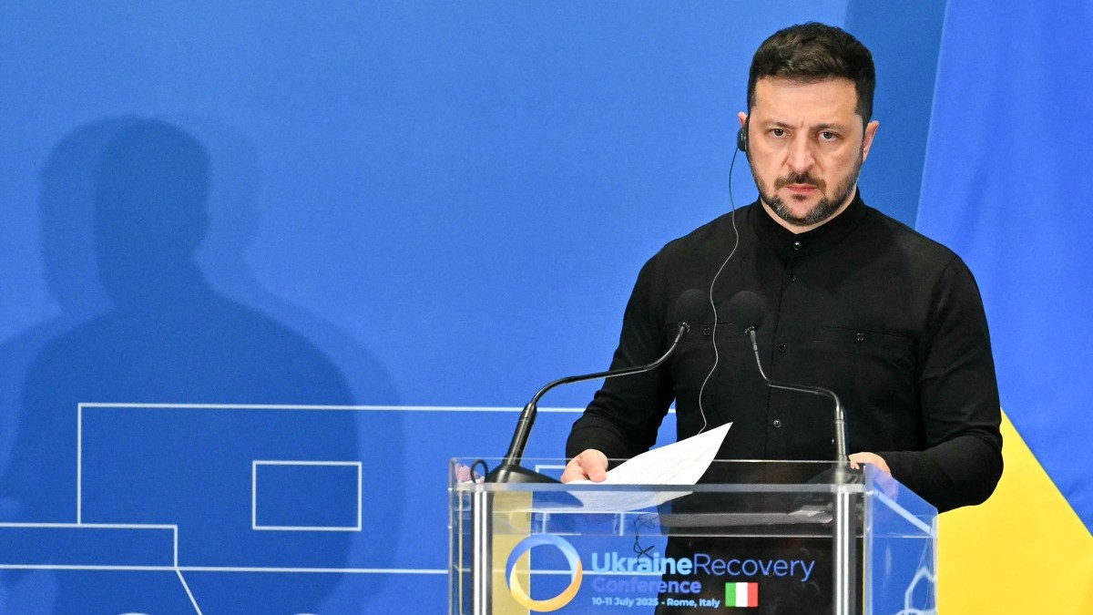 Volodymyr Zelensky at a press conference held as part of The Ukraine Recovery Conference 2025 The Roma Convention Centre in Rome on July 10, 2025.
