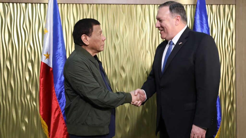 United States Secretary of State Mike Pompeo meets with Philippine President Rodrigo Duterte at the Villamor Air Base in Pasay, Philippines, on February 28, 2019.