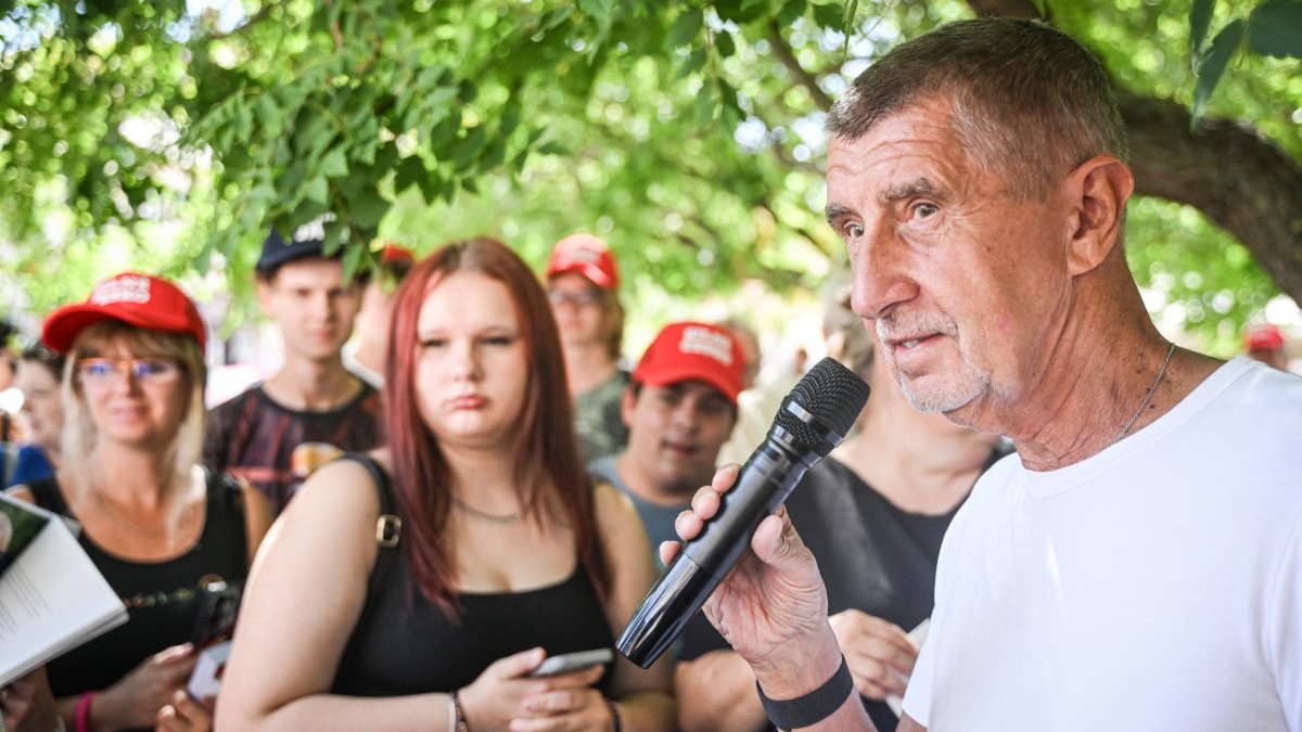 Former prime minister Andrej Babiš, leader of the Czech ANO talks with his supporters during a campaign rally on August 18, 2025.