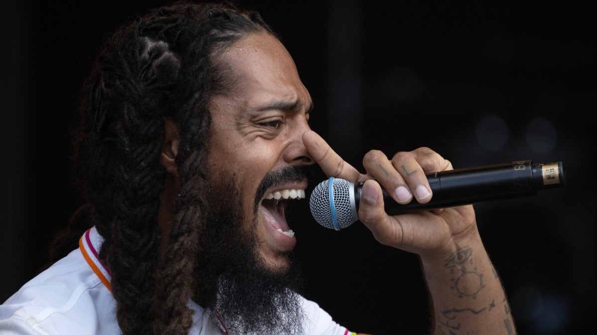 Bobby Vylan of British duo Bob Vylan performs on the West Holts Stage on the fourth day of the Glastonbury festival on June 28, 2025.
