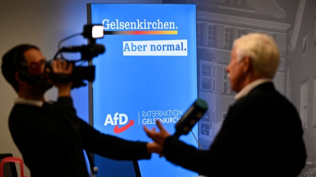 AfD’s Gelsenkirchen mayoral candidate Norbert Emmerich interviewed at the town hall on September 14, 2025, during local elections in North Rhine-Westphalia.