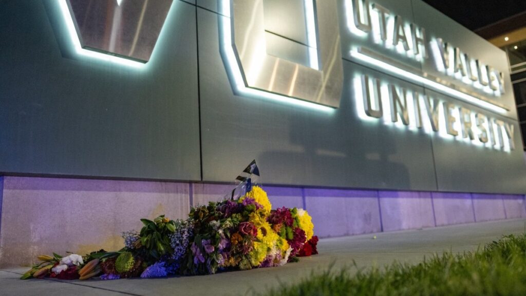 Flowers left in honor of youth activist and influencer Charlie Kirk, shot during a public event at Utah Valley University in Orem, Utah, on September 10, 2025