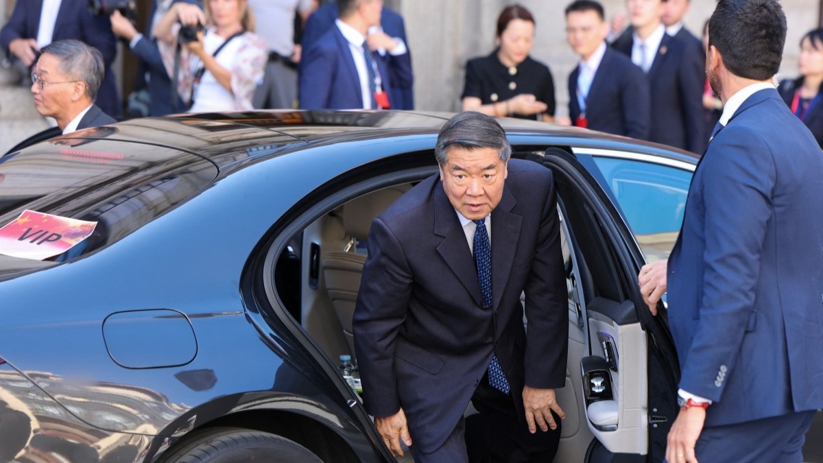 Chinese Vice Premier He Lifeng arrives for trade talks with U.S. Secretary of the Treasury Scott Bessent at the foreign ministry in Madrid on September 14, 2025.