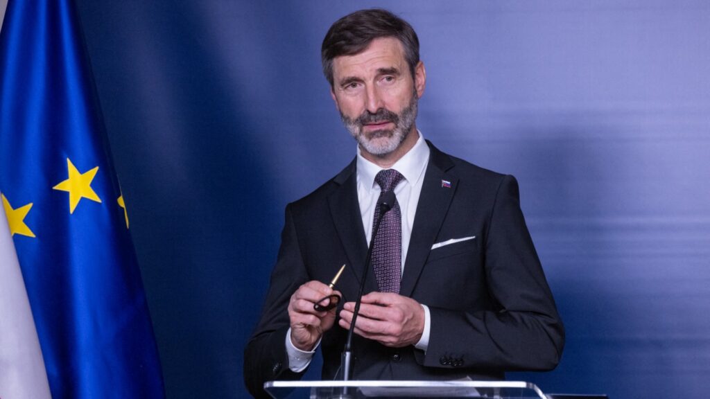 Slovakia's Foreign Minister Juraj Blanár during a joint press conference with Poland’s Foreign Minister (not seen) after their meeting in Warsaw on March 13, 2025.