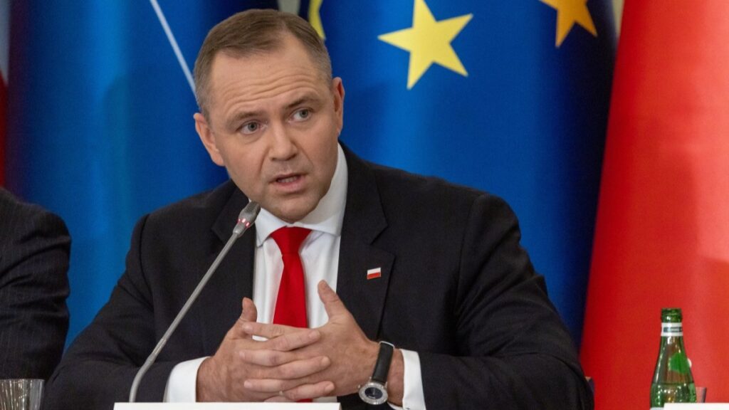 Poland’s President Karol Nawrocki speaks at the beginning of the National Security Council convened by him at the Presidential Palace in Warsaw on September 11, 2025, a day after Warsaw accused Moscow of carrying out a drone raid on its territory.