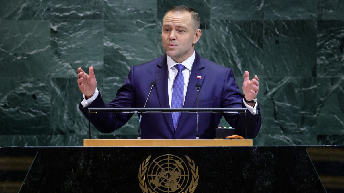 Polish President Karol Nawrocki speaks during the General Debate of the United Nations General Assembly at the UN headquarters in New York City on September 23, 2025.