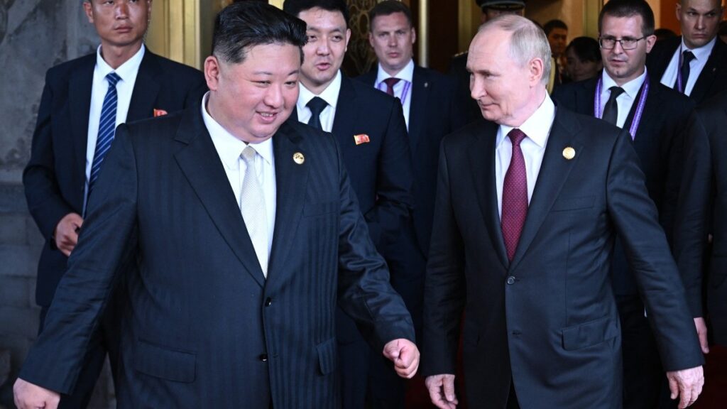 Russian President Vladimir Putin sees North Korean leader Kim Jong Un off following their talks after attending a military parade marking the 80th anniversary of victory over Japan and the end of World War II, in Beijing on September 3, 2025.