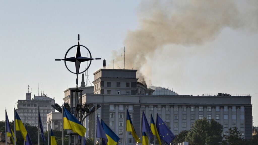 Smoke rises over the government headquarters in Kyiv, following Russian drone and missile strikes on September 7, 2025.