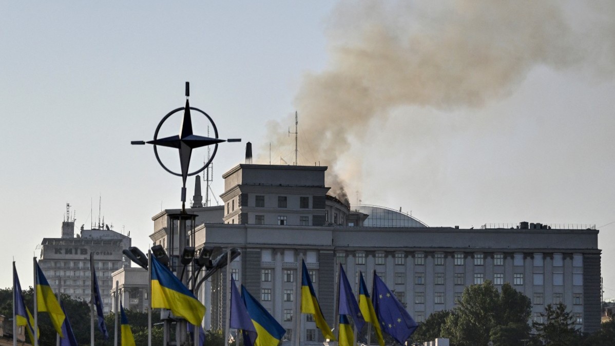 Smoke rises over the government headquarters in Kyiv, following Russian drone and missile strikes on September 7, 2025.