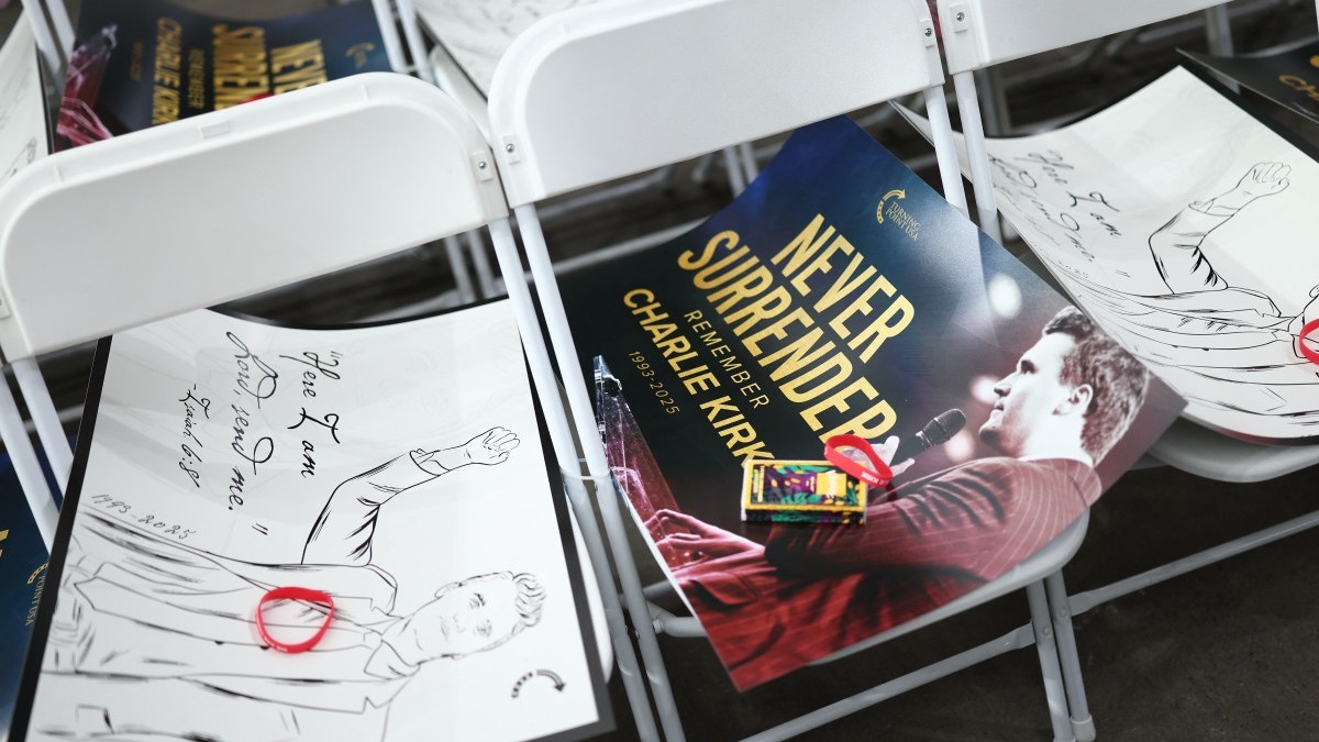 Leaflets on chairs ahead of the public memorial service of Charlie Kirk at the State Farm stadium in Glendale, Arizona on September 21, 2025