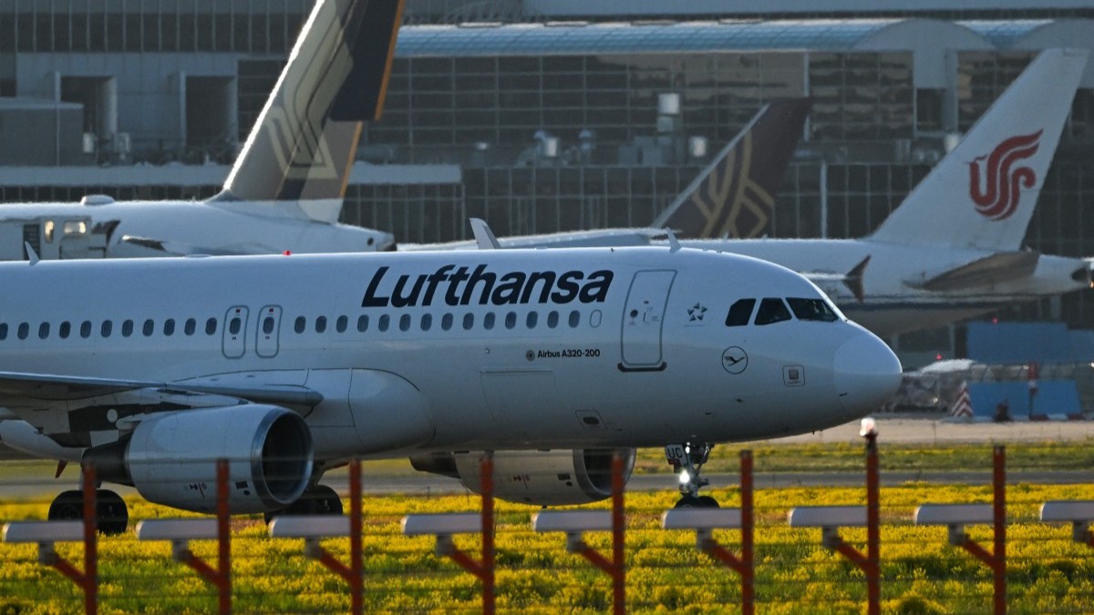 A jet of German airline Lufthansa is pictured at the airport in Frankfurt am Main, Germany, on April 28, 2025.