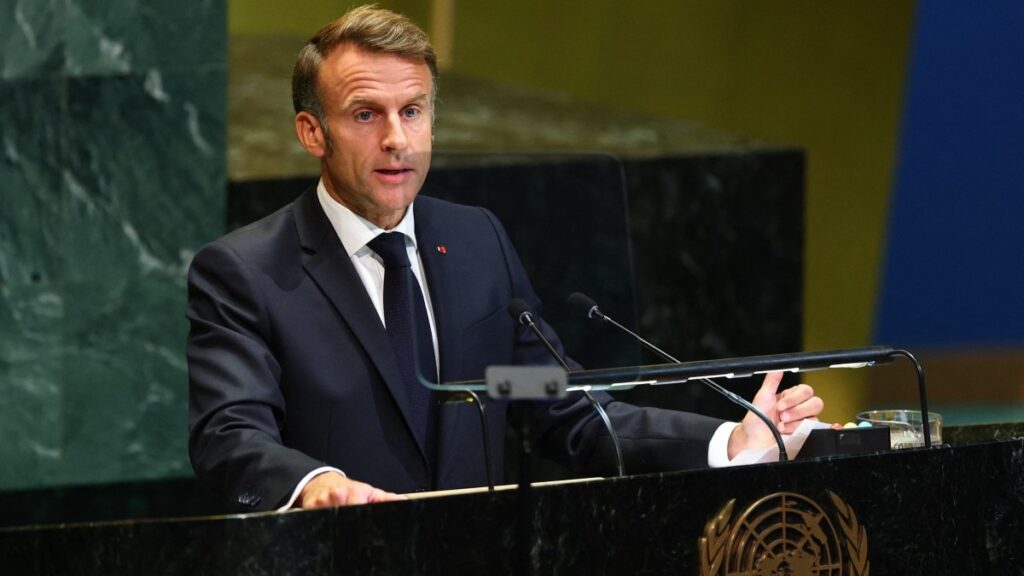 France’s President Emmanuel Macron speaks during a United Nations Summit on Palestinians at UN headquarters during the United Nations General Assembly (UNGA) in New York on September 22, 2025.