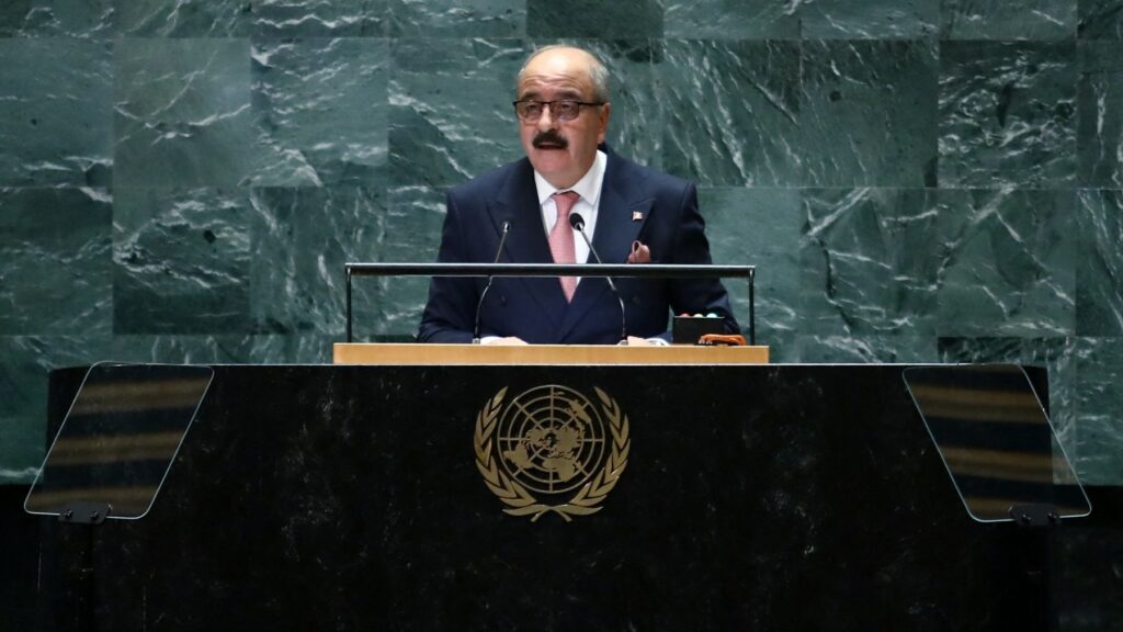 Minister for Foreign Affairs of Tunisia Mohamed Ali Nafti speaks during the 79th Session of the United Nations General Assembly at the United Nations headquarters in New York City on September 27, 2024.