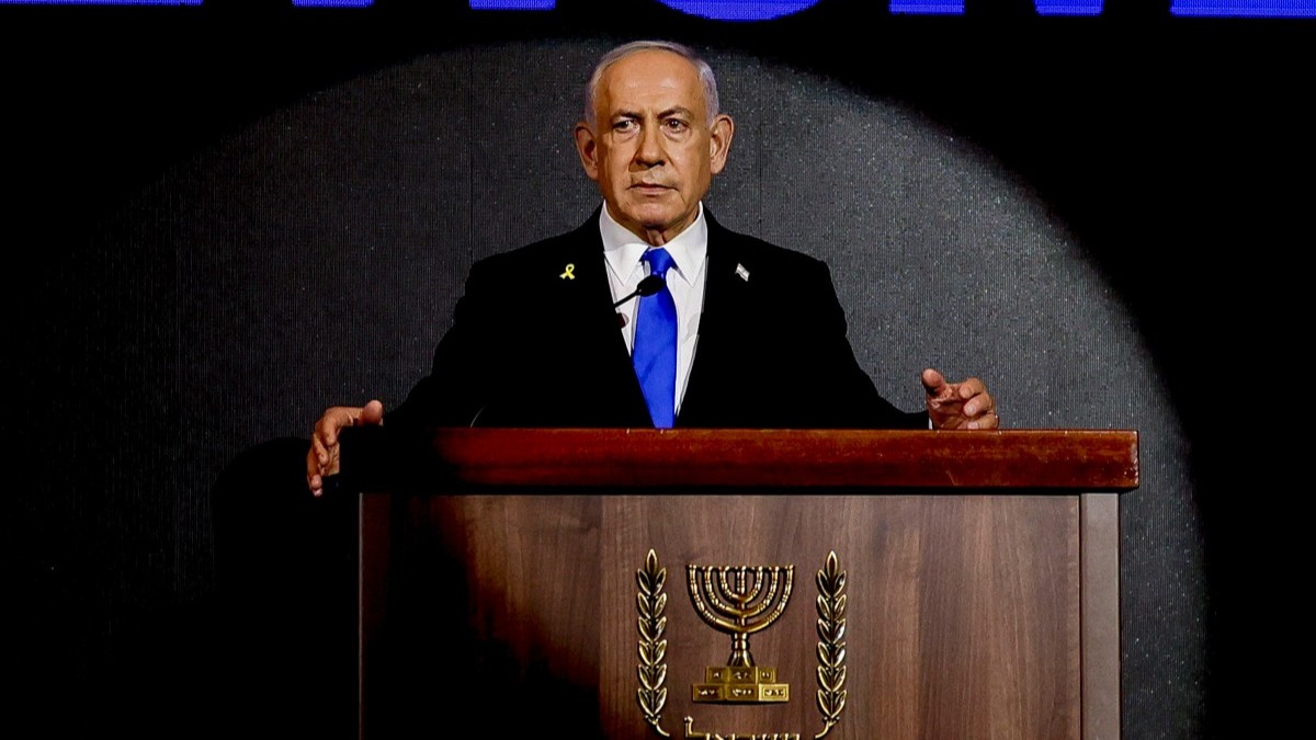 Israeli Prime Minister Benjamin Netanyahu speaks at the U.S. Independence Day reception hosted by Newsmax in Jerusalem on August 13, 2025.